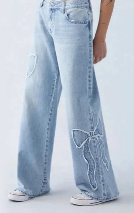 Women's Straight Side Frayed Butterfly Jeans Street Design