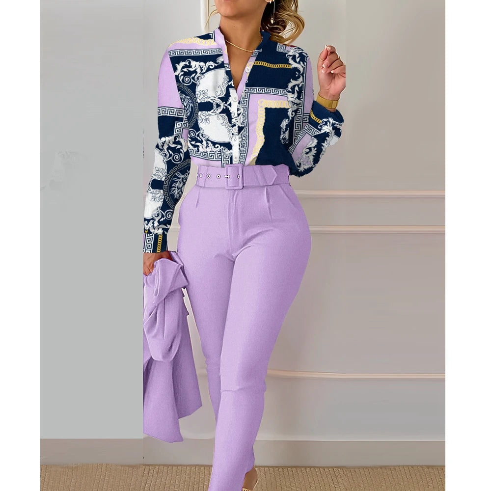 Elegant Patchwork Shirt &amp; High-Waist Lilac Pants Set