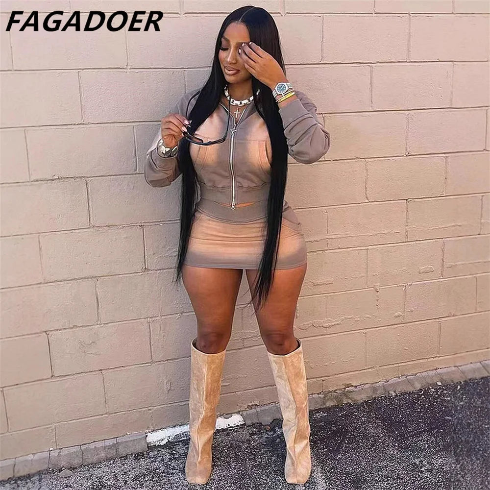 Nude mesh Two Piece Sets Women Outfits Fashion Zip Pocket Long Sleeve