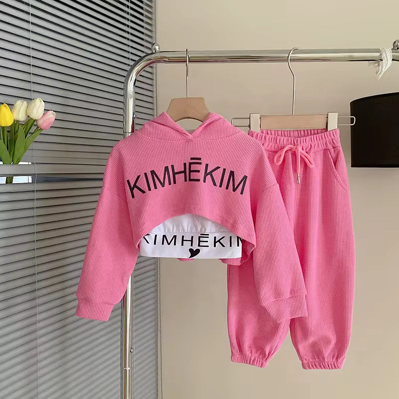 KIMHEKIM Pink Girls Tracksuit Set - Hooded Sweatshirt & Joggers | Kids Fashion