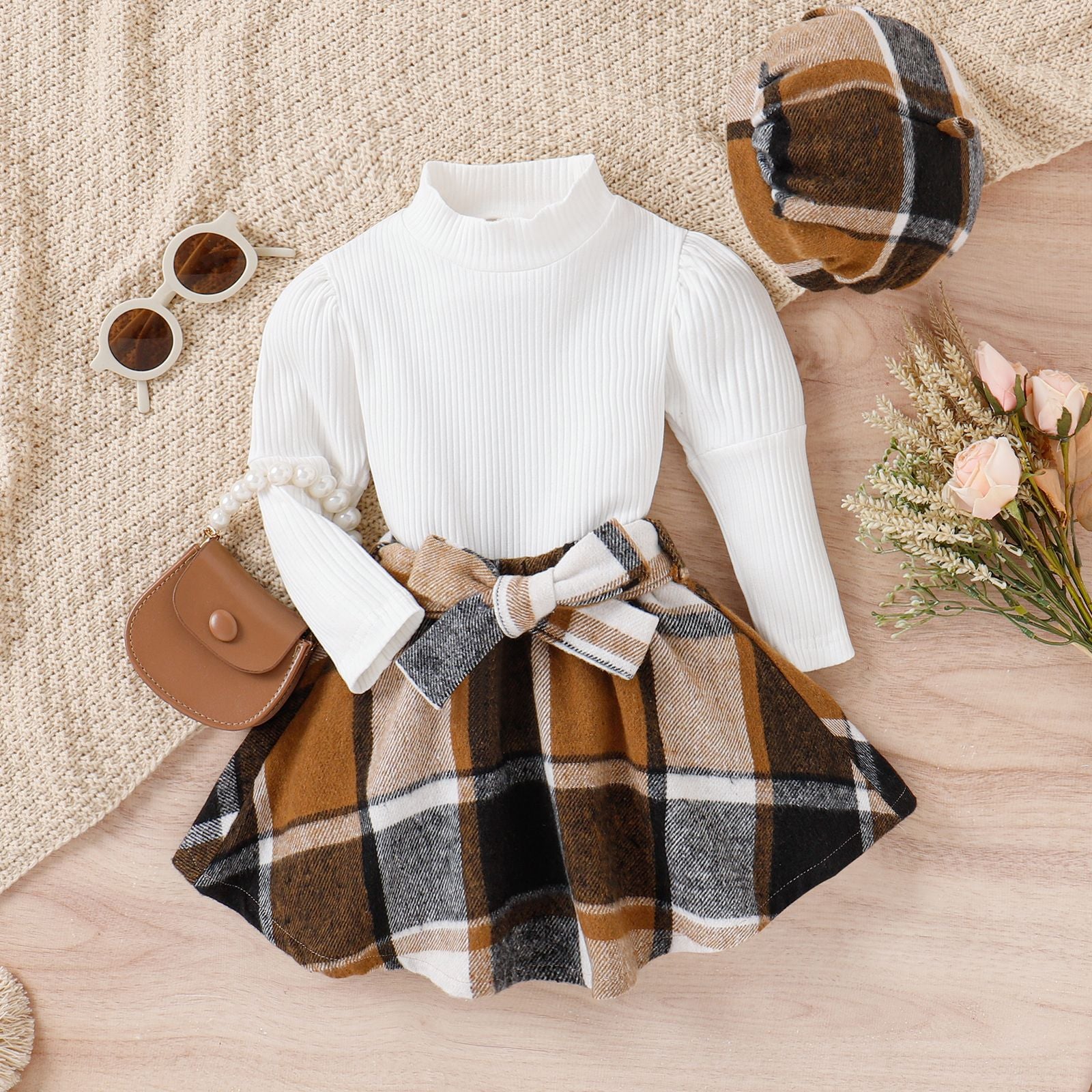 Girls Suit Knitted Solid Color Long Sleeve Top Plaid Skirt Beret In Stock