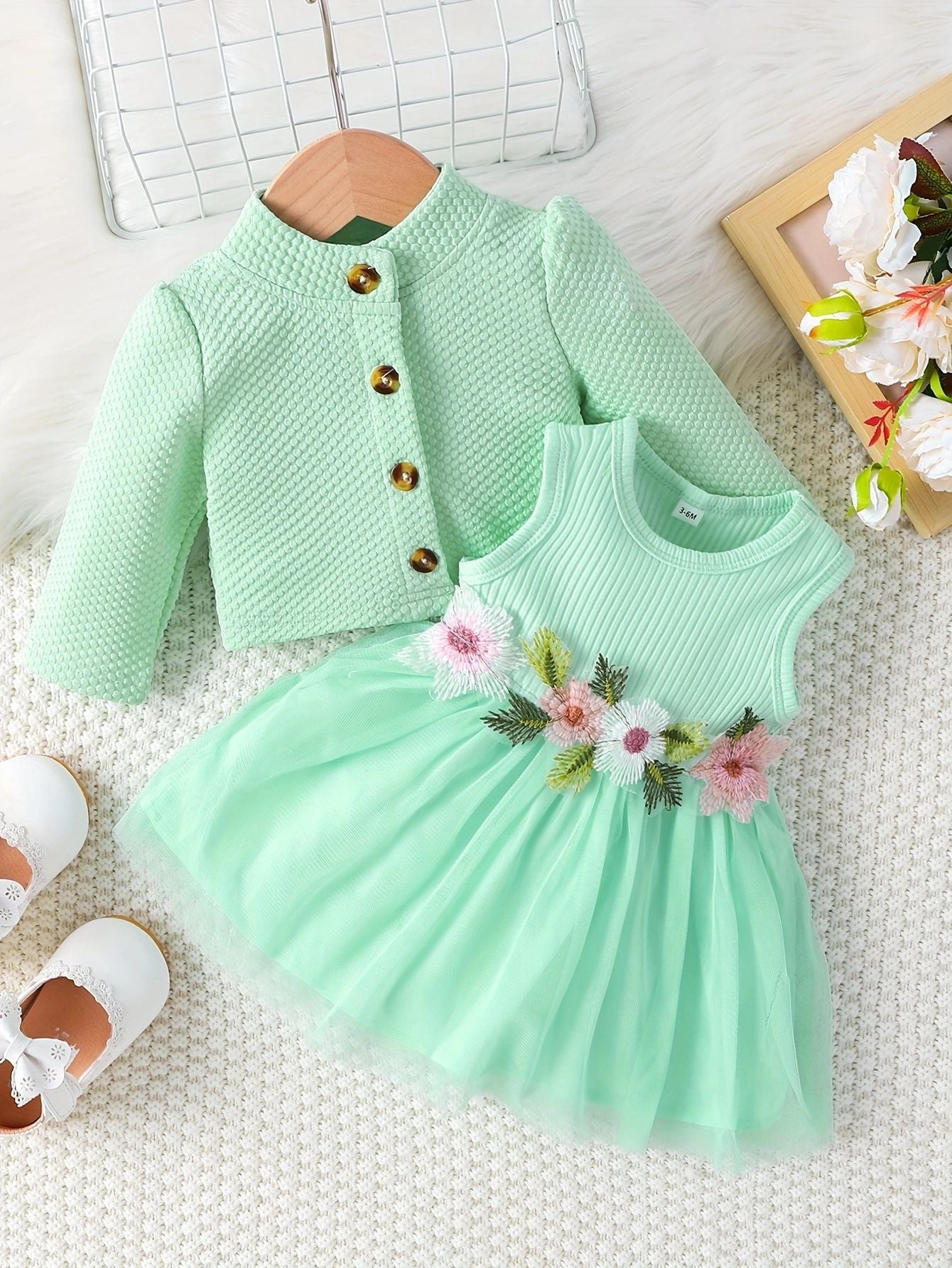Pink Baby Girl Cardigan Dress Set - Floral Embroidered Tulle Outfit with Jacket