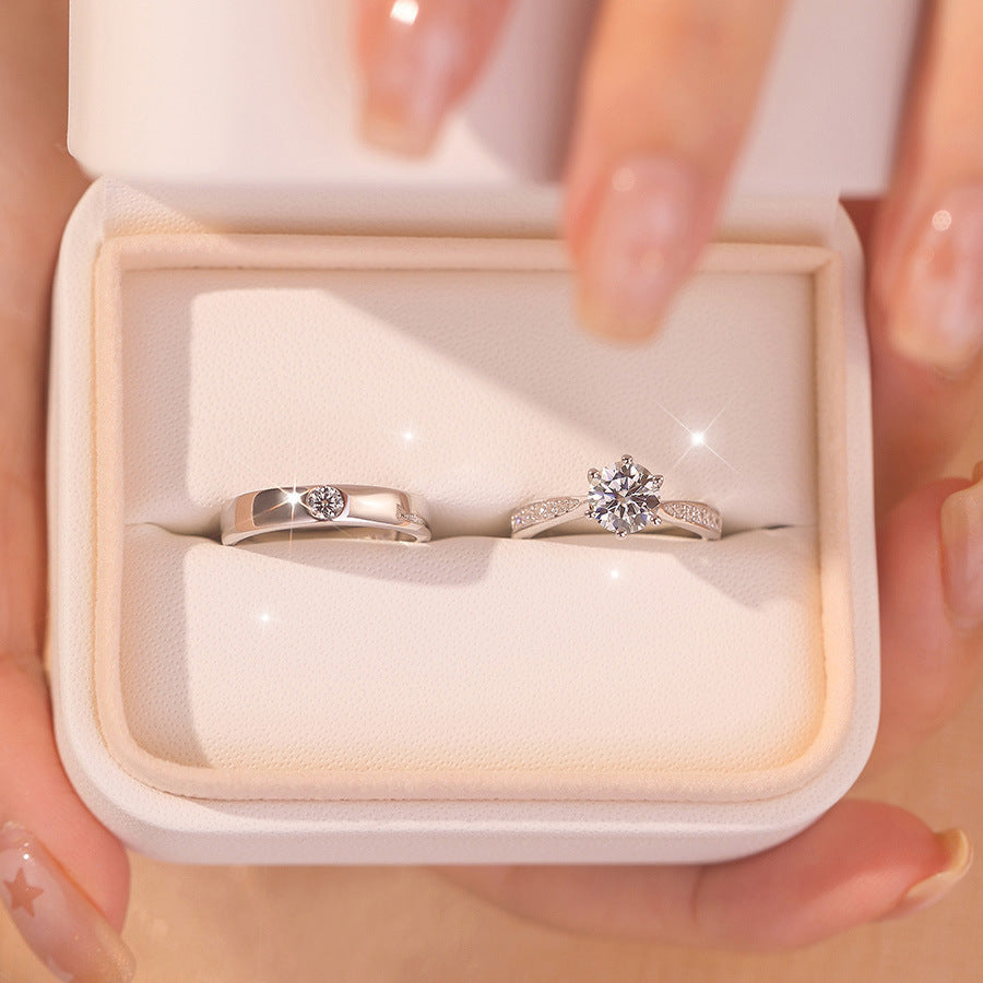 Imitation moissanite live mouth ring, couple ring, man and woman pair 1 carat diamond ring, wedding engagement and marriage proposal