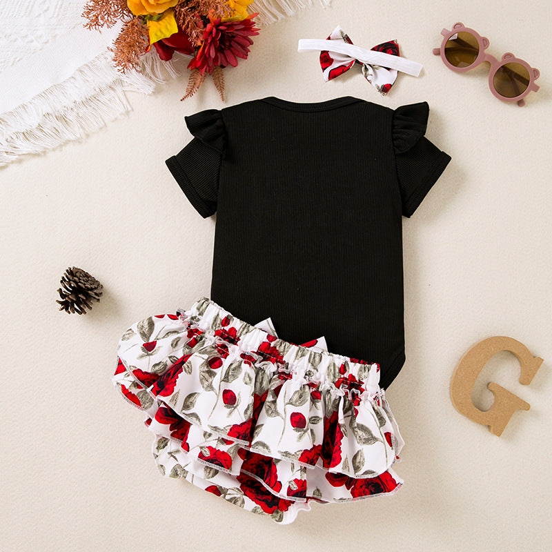 Summer baby clothes set embroidered letter flying sleeve hayi rose PP bottoms short skirt 3 pieces baby dress