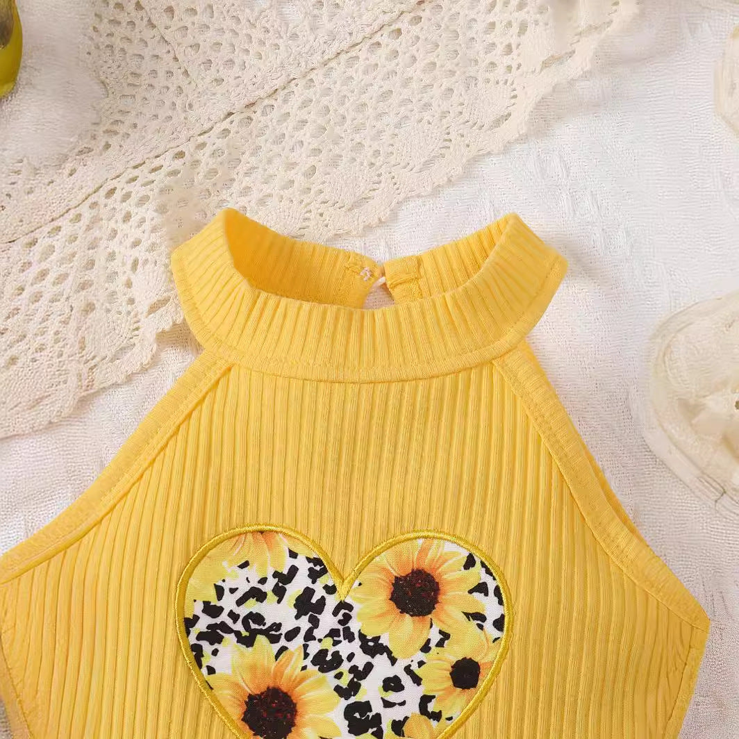 Girls' suits sleeveless off-the-shoulder tops, sunflower print skirts
