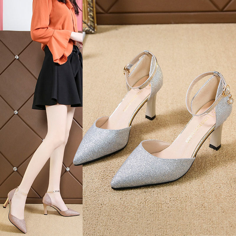 Slotted buckle, sequins, silver, versatile, sexy hollow shoes