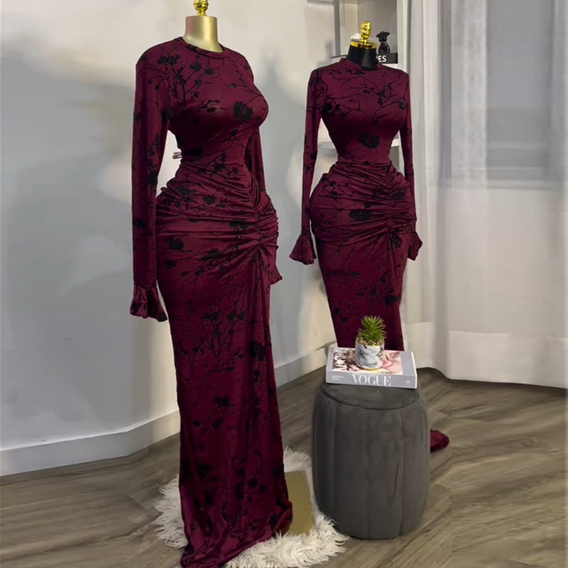 Burgundy Floral Print Long Sleeve Bodycon Dress - Elegant Evening Wear