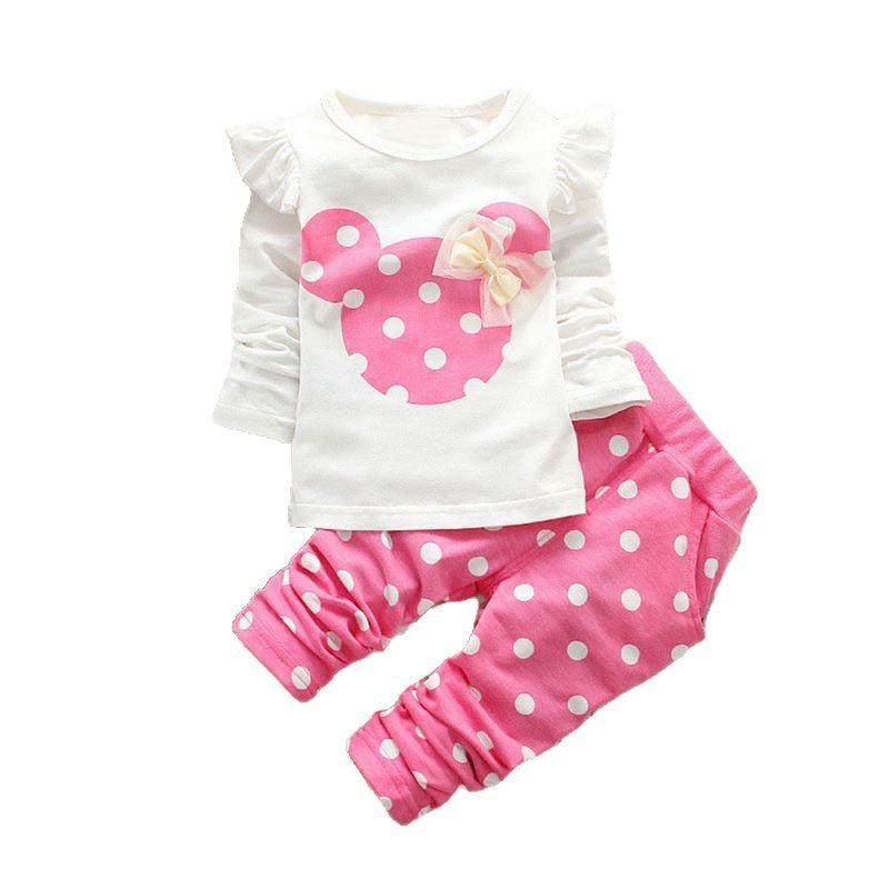 2025 Spring and Autumn Minnie Mouse Print Girls' Suit Cute Polka Dot Two-Piece Set Children's Pull Frame Fabric Long Sleeve Pants