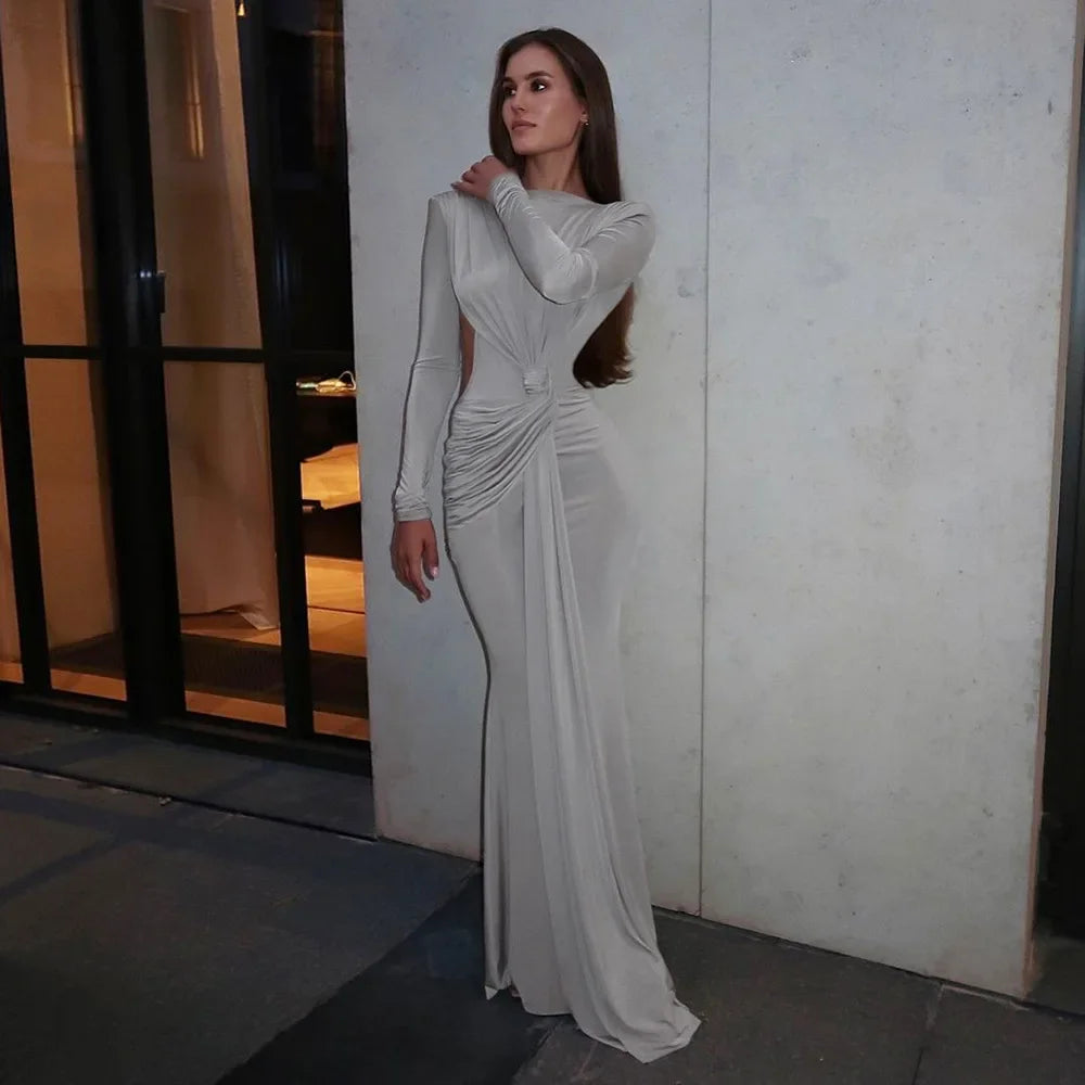 Elegant Long Sleeve Ruched Bodycon Evening Gown – Silver Floor-Length Dress