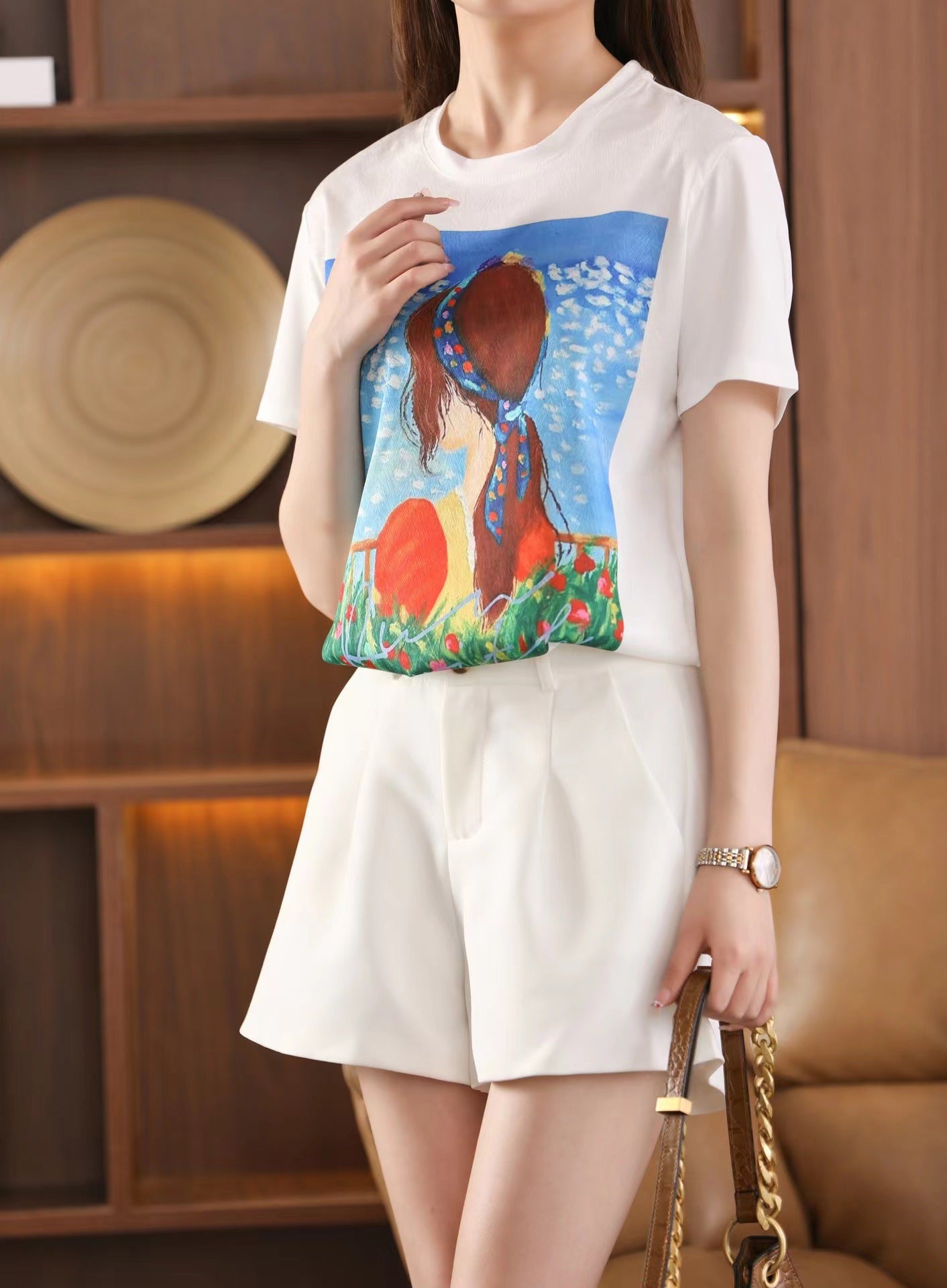 Silk T-shirt women's round neck knitted silk print pattern short sleeve