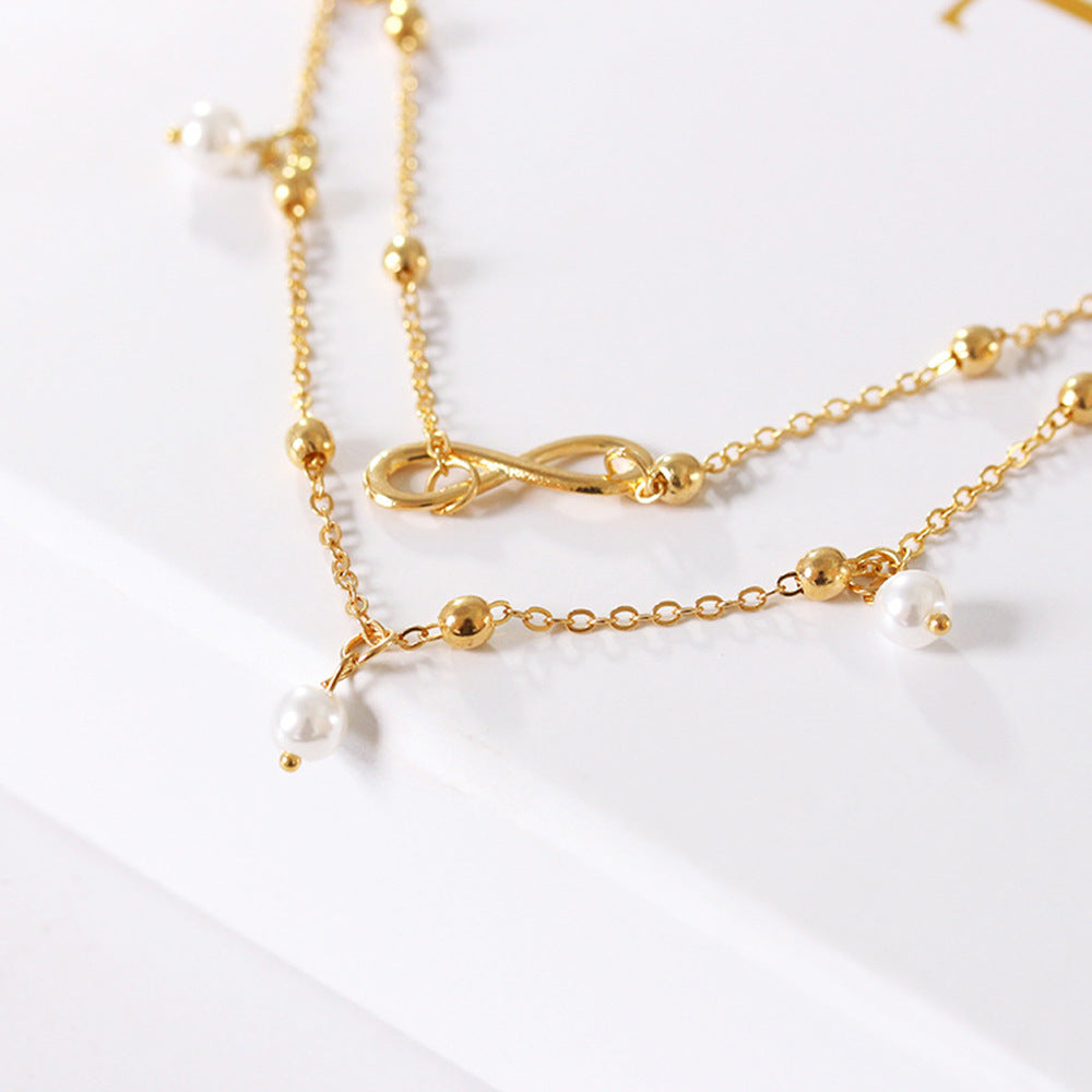Layered Pearl Infinity Anklet Set - Gold Chain Beach Jewelry