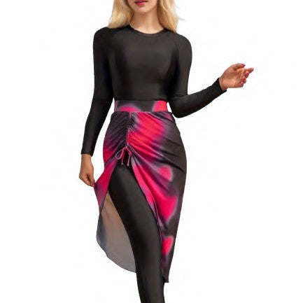 swimwear Swimsuit - Black Long Sleeve with Pink Wrap Skirt | MTS-Glamour"