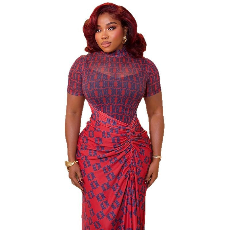 Red Chain Print High Neck Dress - Elegant Pleated Bodycon Tunic | MTS-Glamour