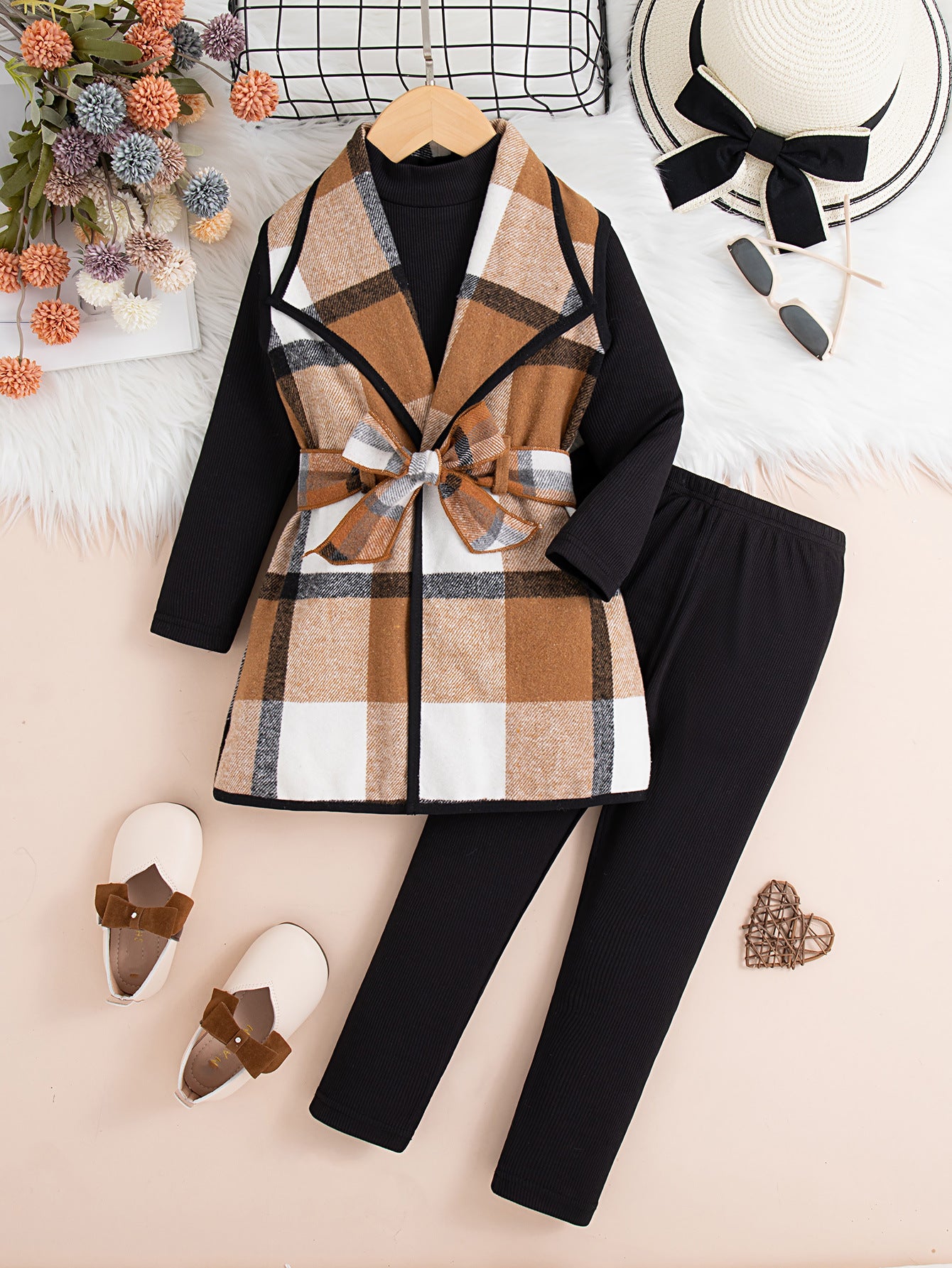 plaid lapel sleeveless long vest jacket + solid color pit strip half-high neck long-sleeved