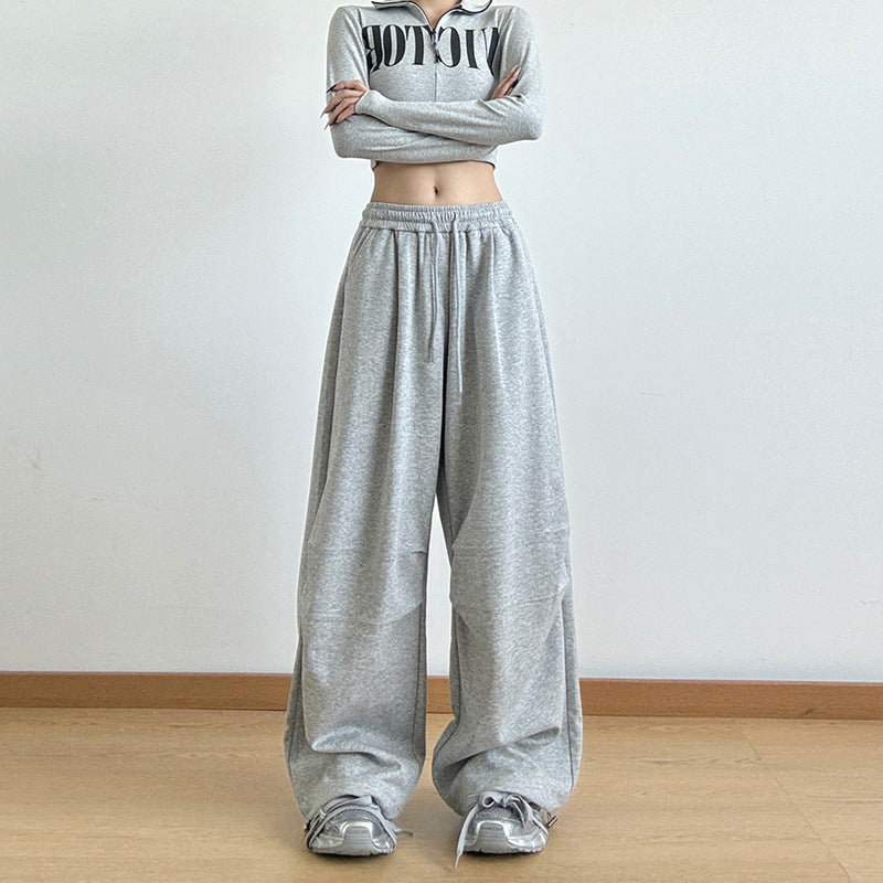 American Grey Sweatpants Women's Autumn 2024 New High Waist Straight Leg Loose Casual Sweatpants Cargo Wide-leg Pants