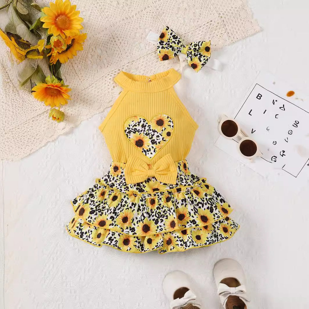 Girls' suits sleeveless off-the-shoulder tops, sunflower print skirts