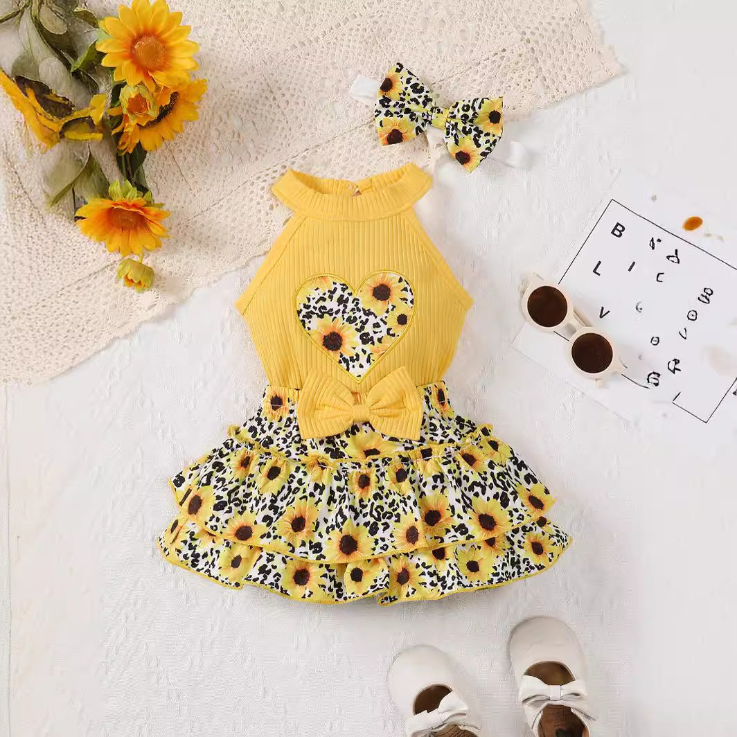 Girls' suits sleeveless off-the-shoulder tops, sunflower print skirts