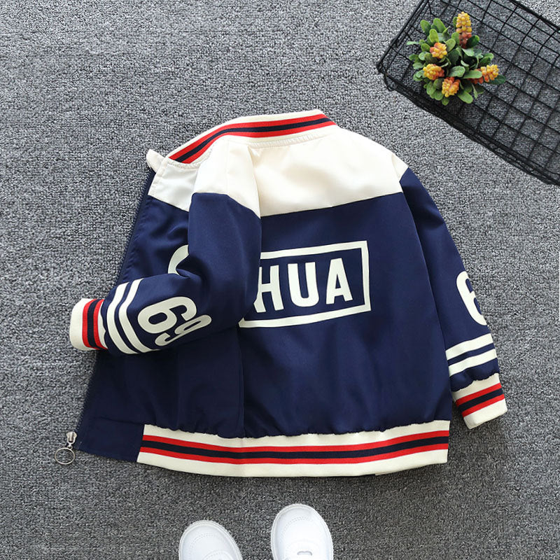 Boys Navy Blue Varsity Jacket HUA Logo Spring Autumn Casual Sports Coat