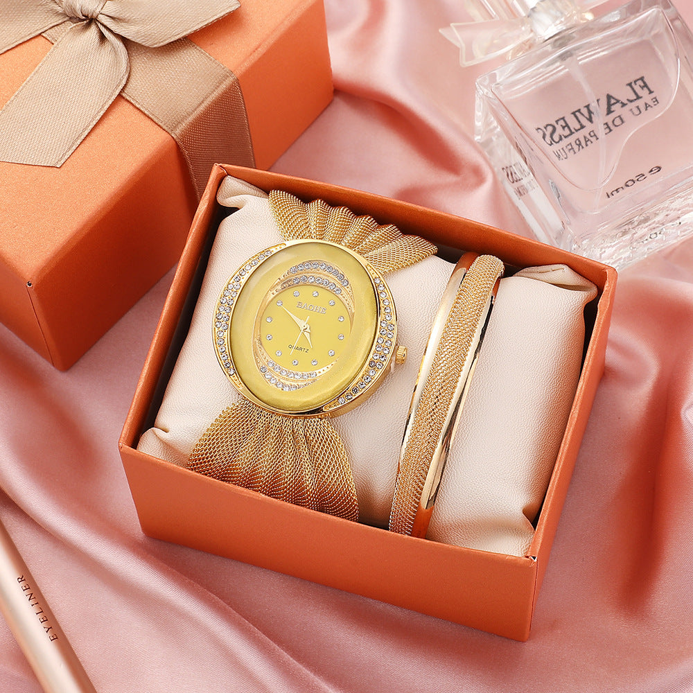 Luxury Gold Women's Watch Set - Crystal Mesh Strap Quartz Watch with Bracelet Gift Box