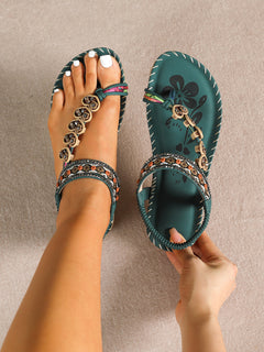 ethnic style women's shoes, summer fashion beach flat sandals, beaded diamond