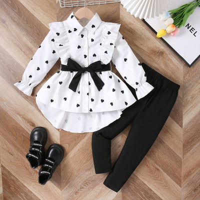 Chic Girls Fashion Long Shirt Dress with Belt Leggings Set