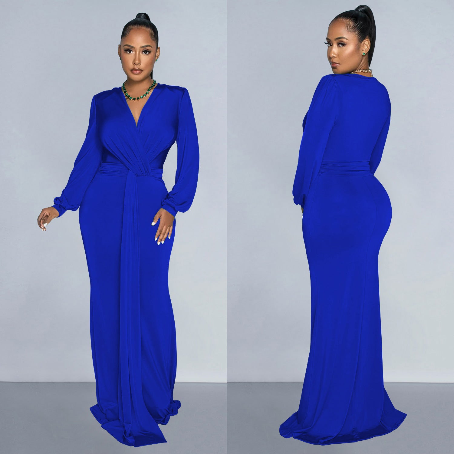 fashion women's solid color sexy deep V pleated long skirt dress women