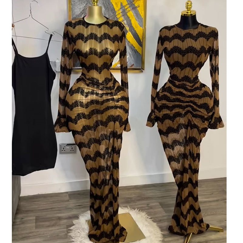 African Print Long Sleeve Bodycon Dress - Elegant Lace Pattern Evening Wear