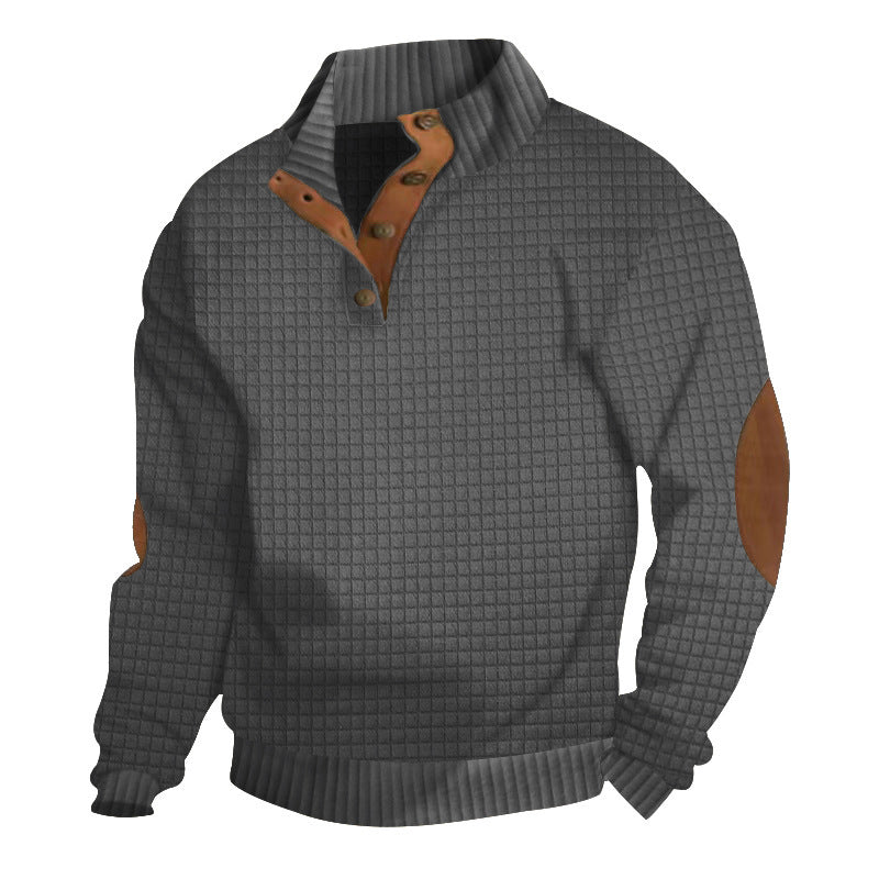 Men's Quilted Knit Sweater with Leather Elbow Patches - Stand Collar Button Pullover