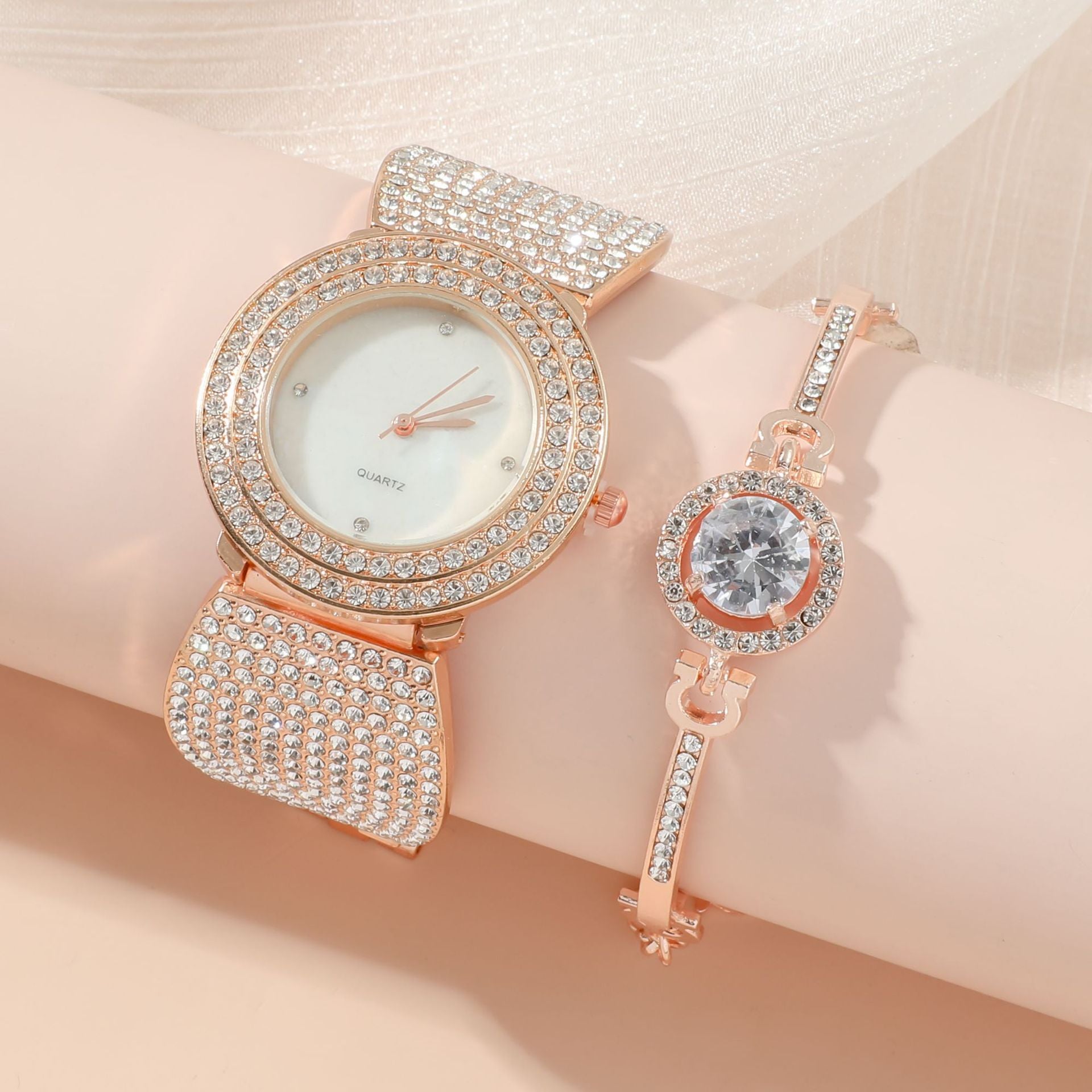 Rose Gold Crystal Jewelry Set - 5 Piece Watch Necklace Earrings Bracelet Collection