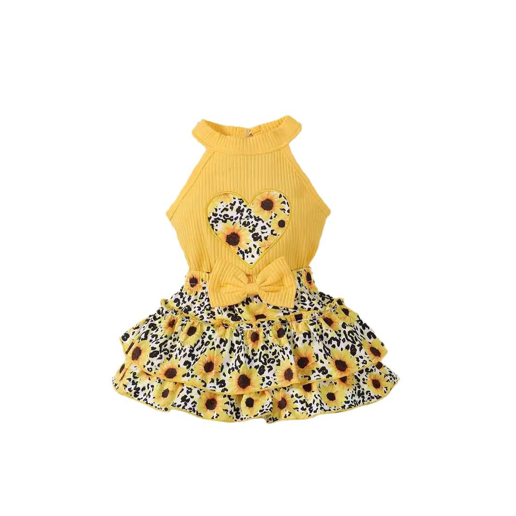 Girls' suits sleeveless off-the-shoulder tops, sunflower print skirts