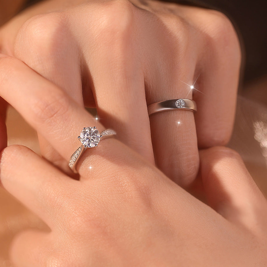 Imitation moissanite live mouth ring, couple ring, man and woman pair 1 carat diamond ring, wedding engagement and marriage proposal
