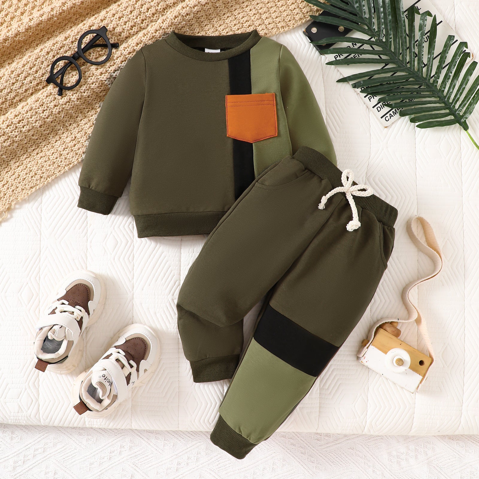 Kids Color Block Sweatsuit Set - Black Orange Mint Tracksuit for Boys & Girls