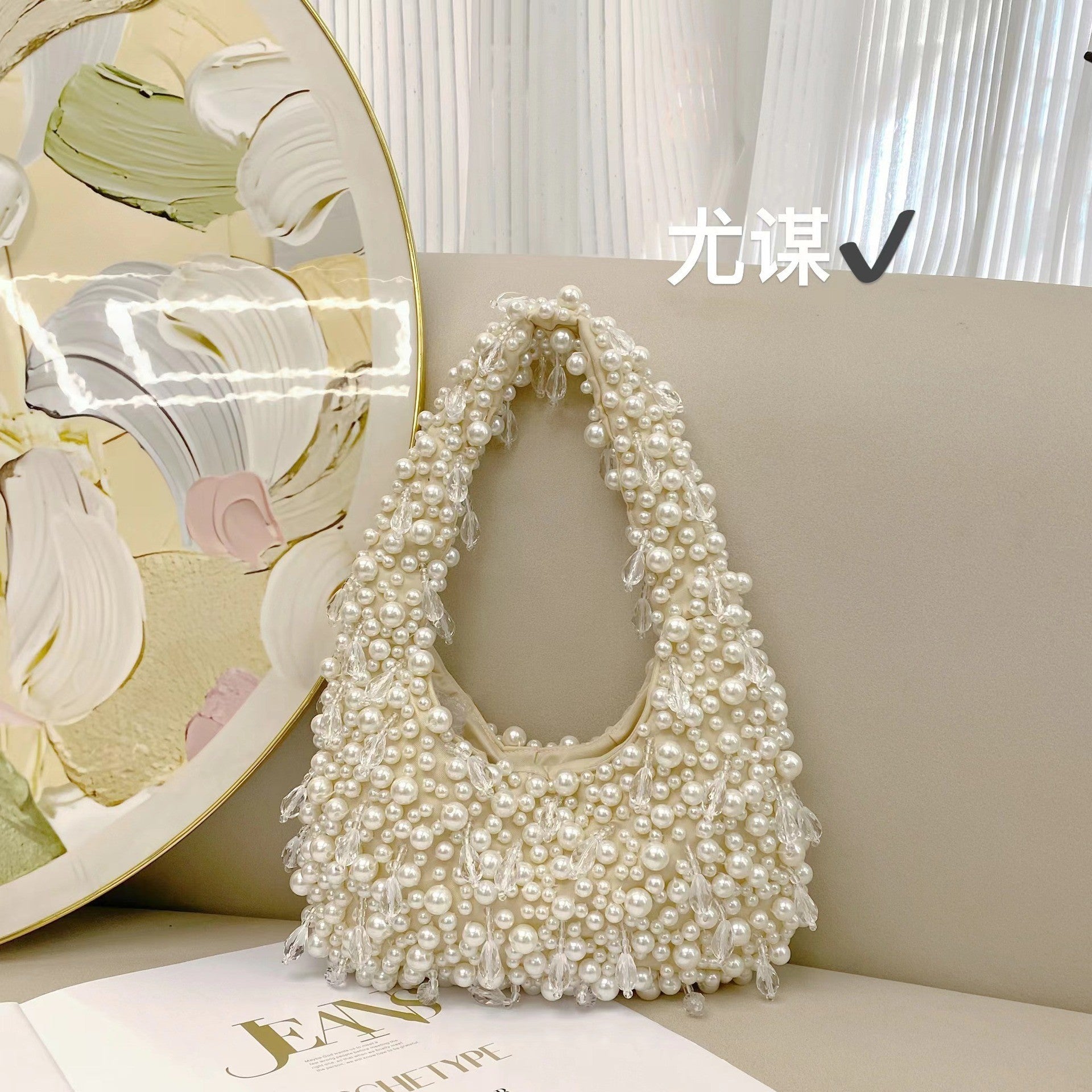 Pearl Beaded Handbag Luxury Yellow Designer Shoulder Bag with Crystal Details