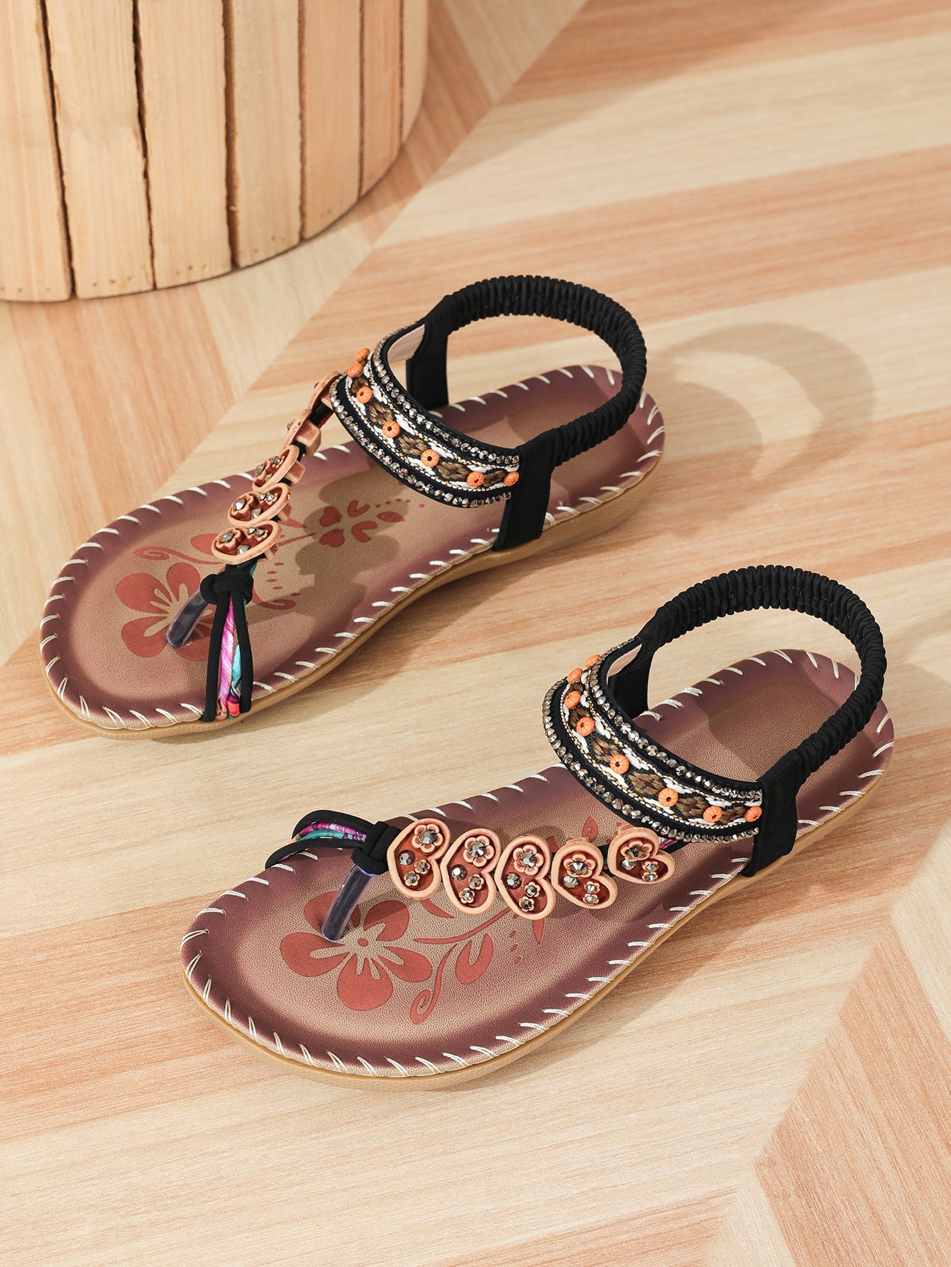 ethnic style women's shoes, summer fashion beach flat sandals, beaded diamond
