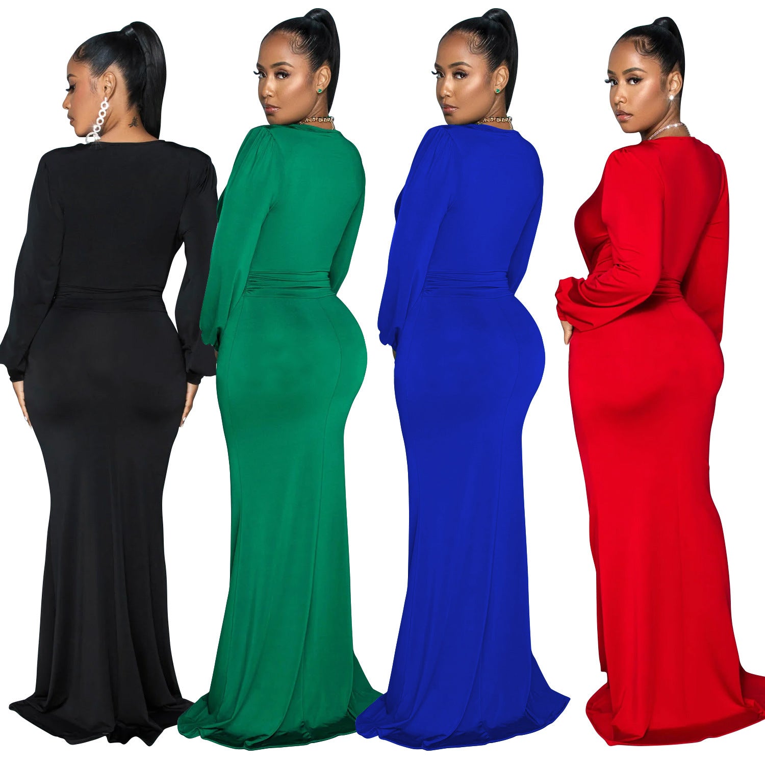 fashion women's solid color sexy deep V pleated long skirt dress women