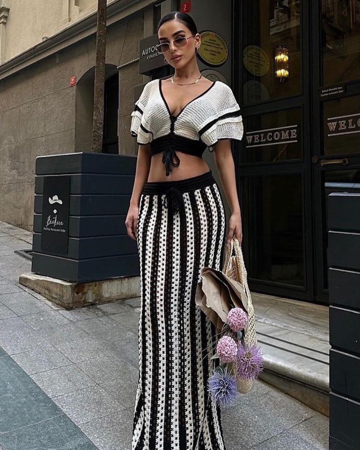 Black and White Striped Two-Piece Outfit