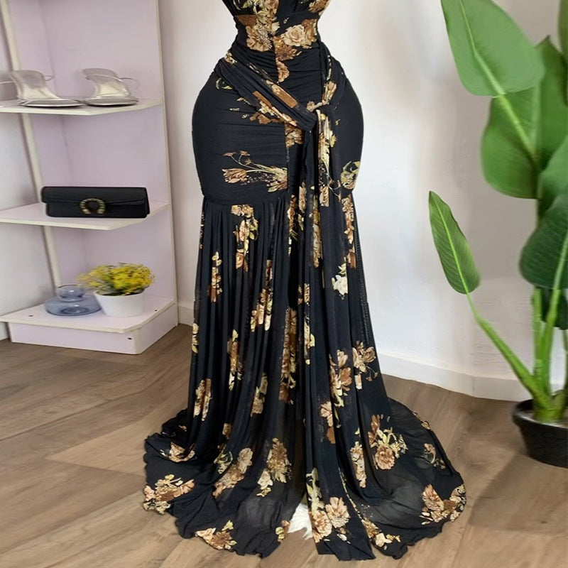 Black Floral Halter Maxi Dress - Elegant Evening Gown | MTS-Glamour