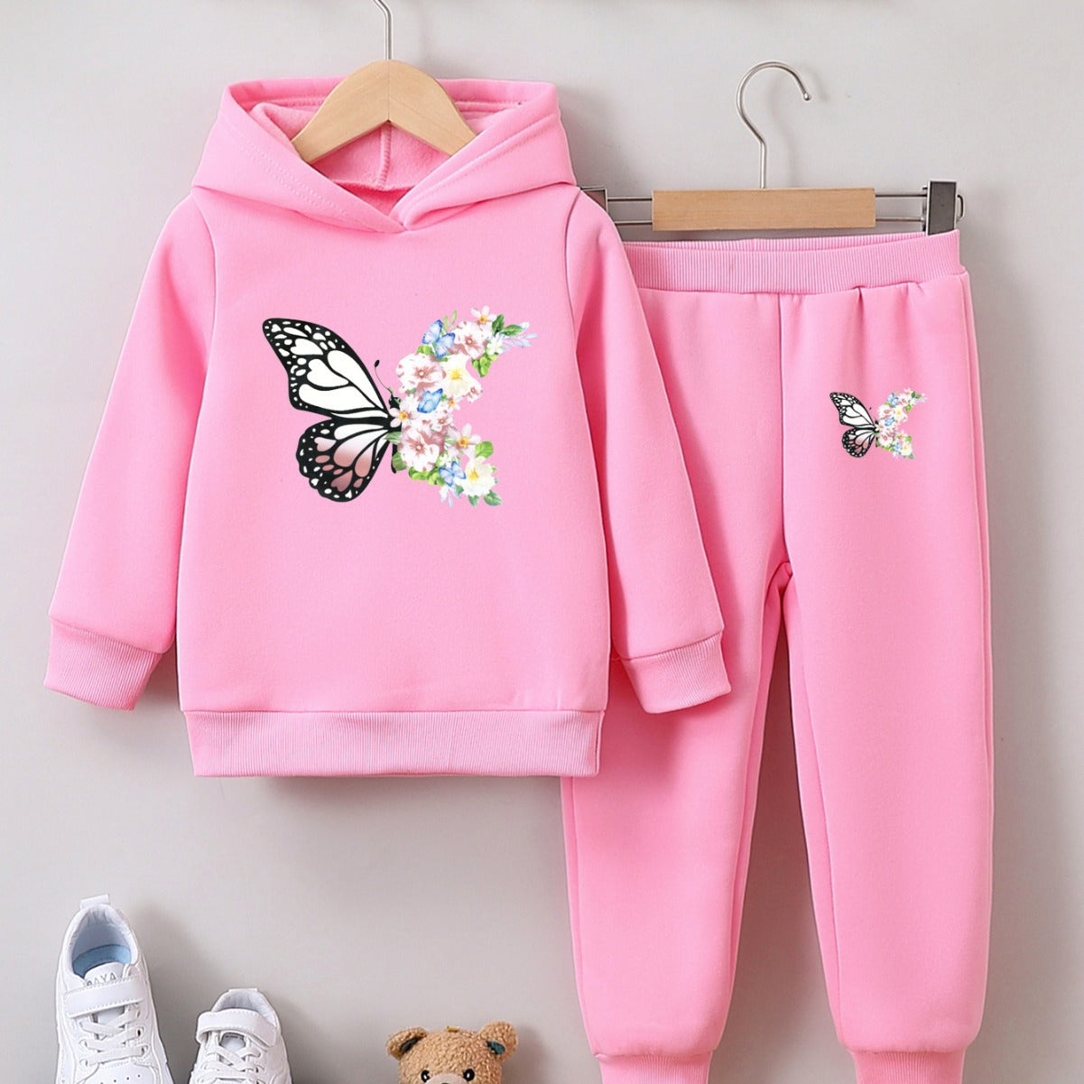 Sweatshirt two-piece butterfly print girl autumn and winter pullover set