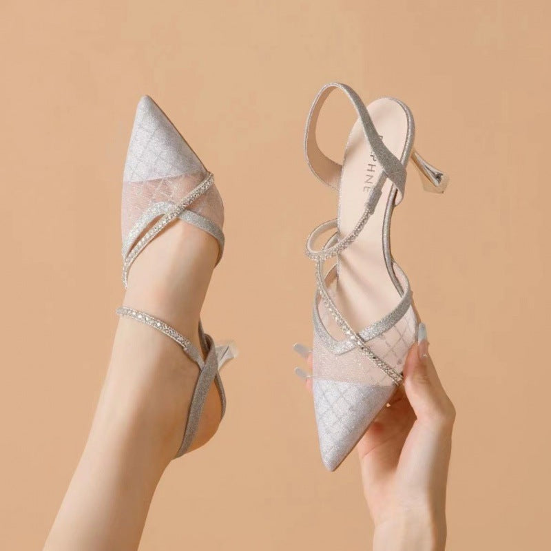 High Heeled Sandals Women's Summer New Girl Rhinestone Pointed Toe Shallow