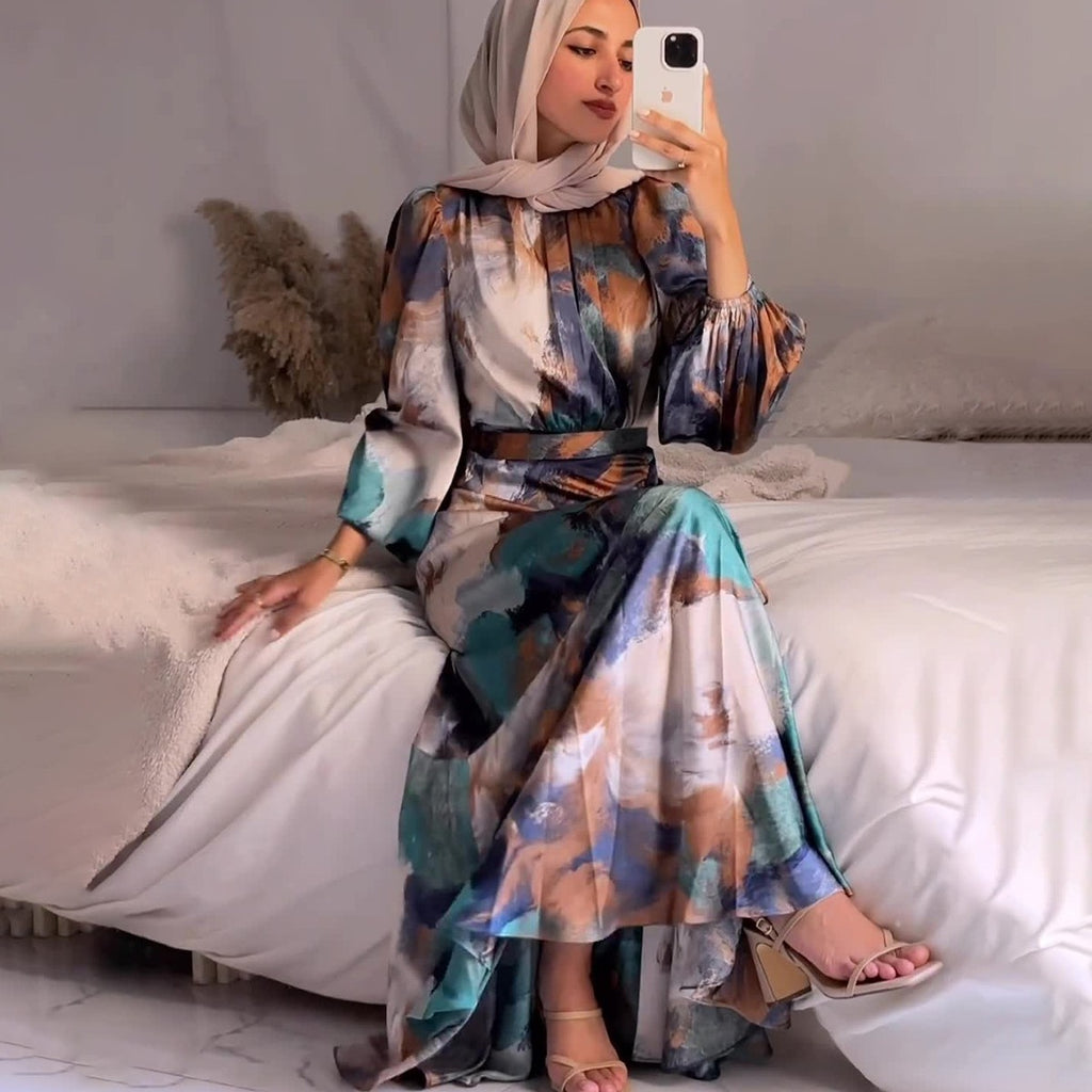 Pleated Cinched Waist Slim Exotic Long Sleeve Midi Dress Women