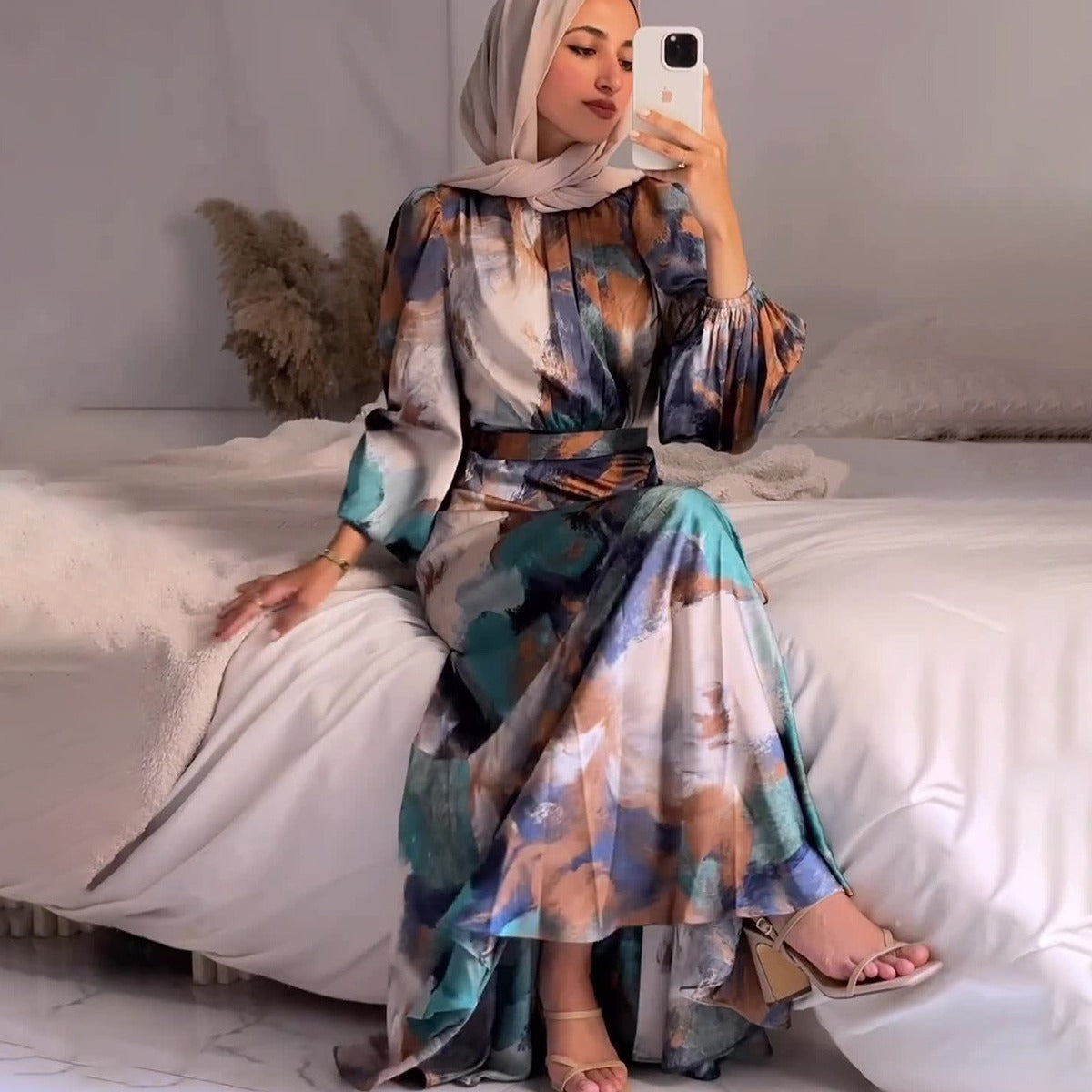 Pleated Cinched Waist Slim Exotic Long Sleeve Midi Dress Women