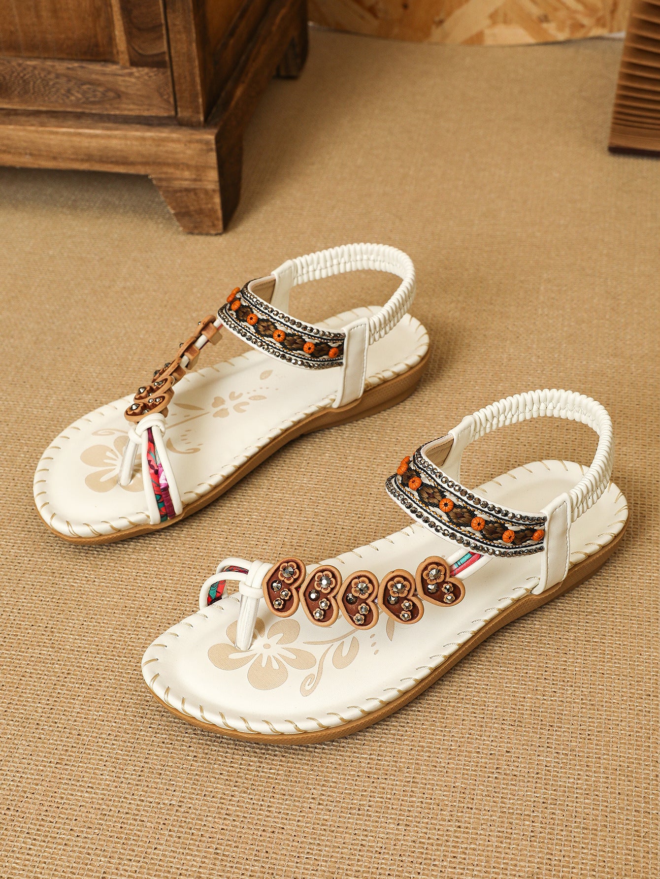 ethnic style women's shoes, summer fashion beach flat sandals, beaded diamond