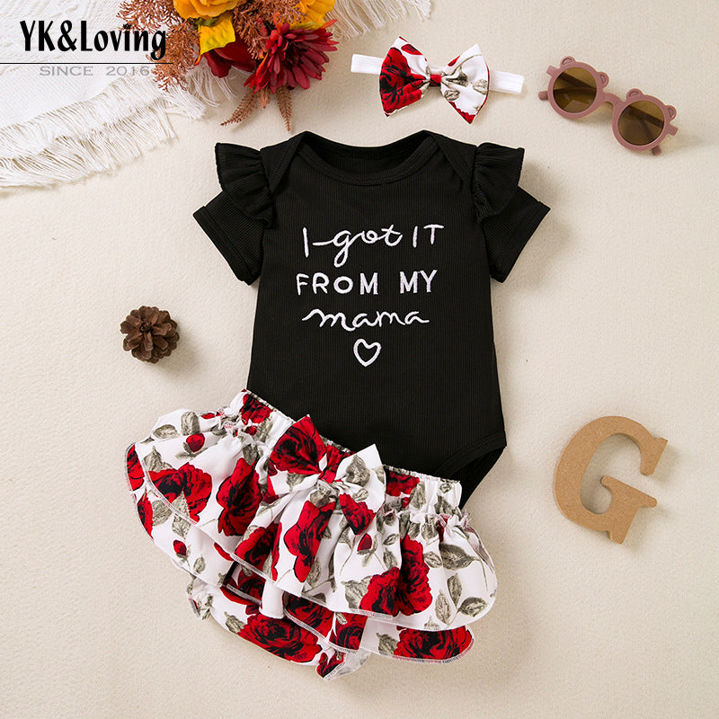 Summer baby clothes set embroidered letter flying sleeve hayi rose PP bottoms short skirt 3 pieces baby dress