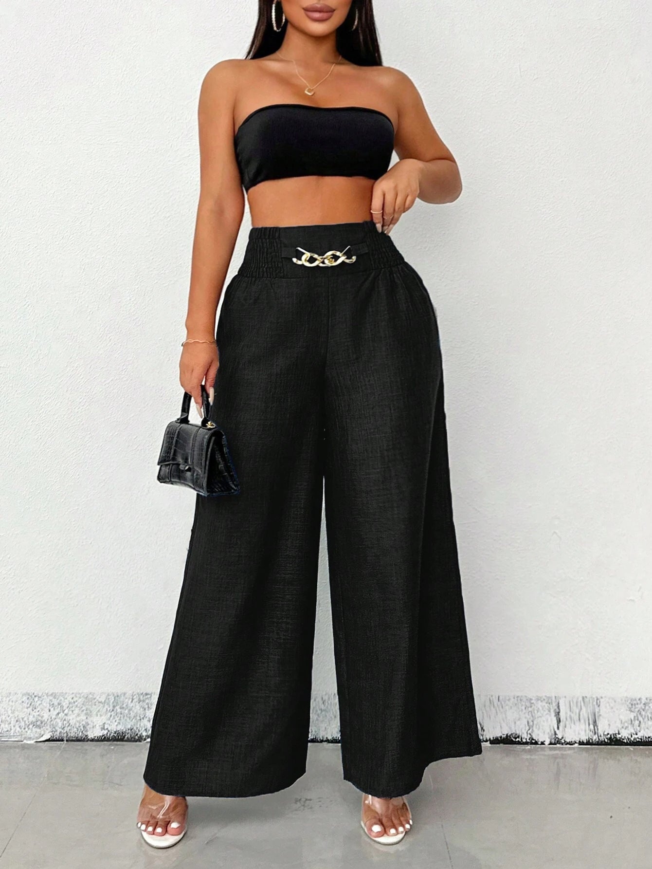 High-Waisted Wide Leg Trousers with Chain Detail - Women's Fashion Pants