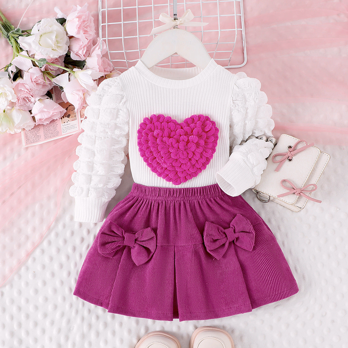 Children's suit puff sleeve love top + bow short skirt two-piece set