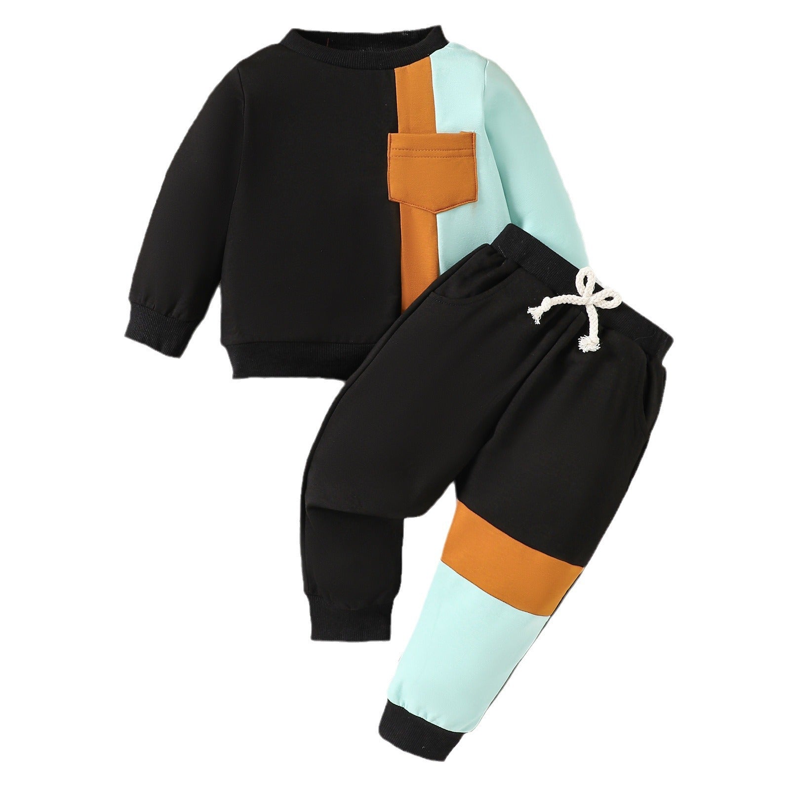 Kids Color Block Sweatsuit Set - Black Orange Mint Tracksuit for Boys & Girls