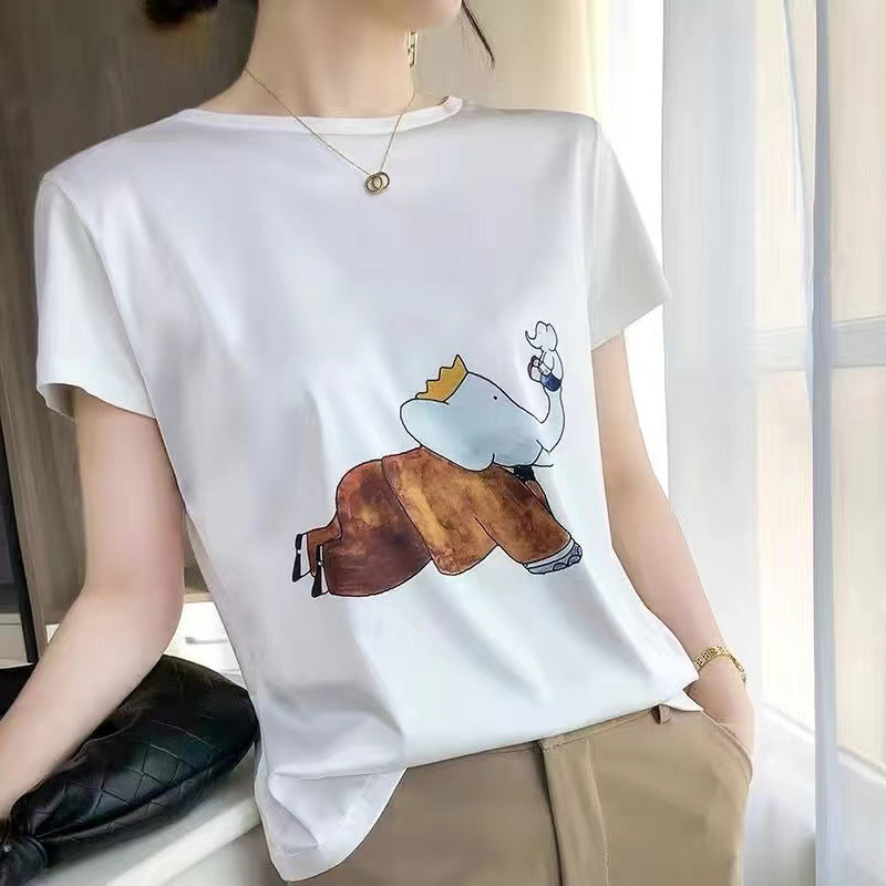 Silk T-shirt women's round neck knitted silk print pattern short sleeve