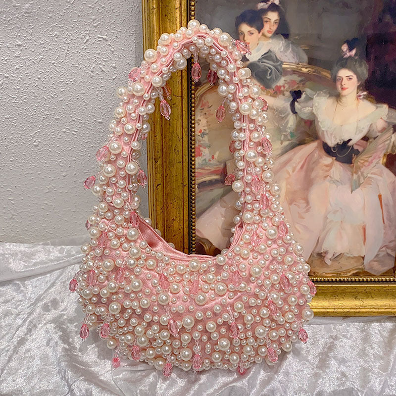Pearl Beaded Handbag Luxury Yellow Designer Shoulder Bag with Crystal Details