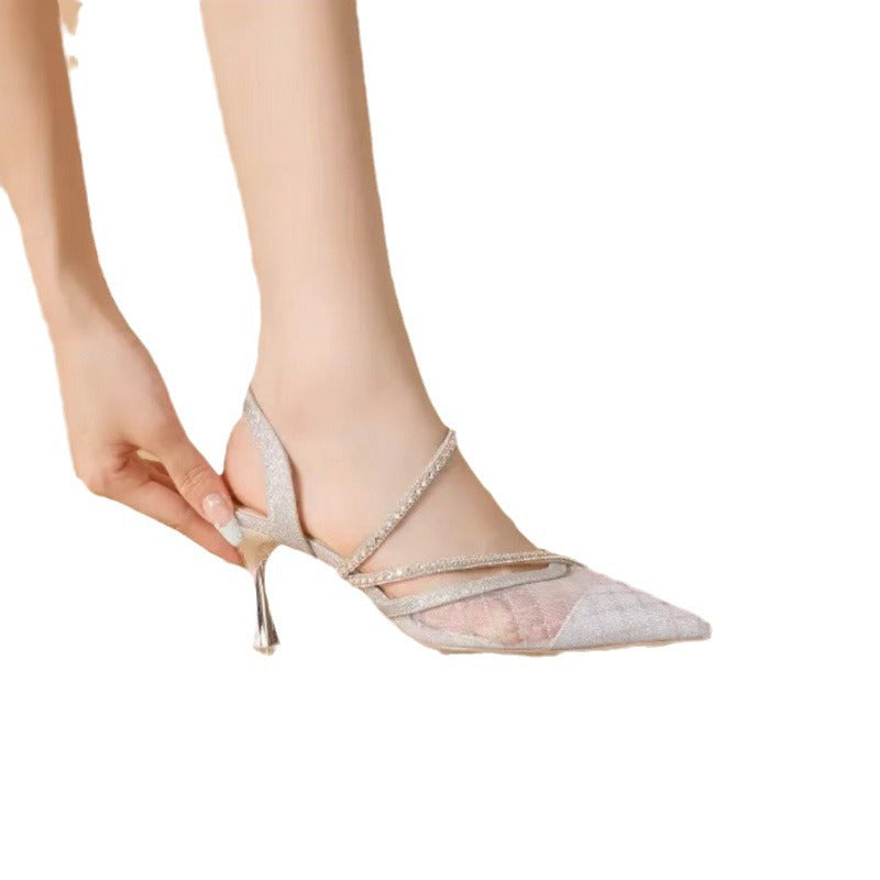 High Heeled Sandals Women's Summer New Girl Rhinestone Pointed Toe Shallow