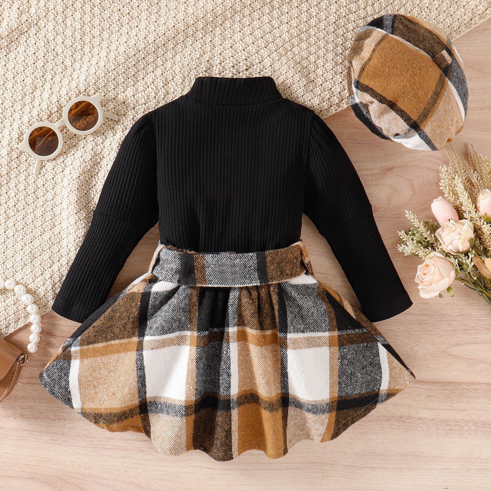 Girls Suit Knitted Solid Color Long Sleeve Top Plaid Skirt Beret In Stock